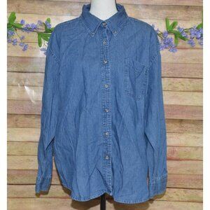 Harrah's Casino Blue Denim Button Up Shirt Top Size XL Cotton Embroidered Logo